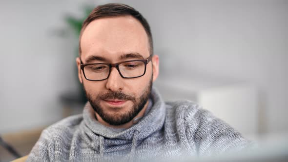 Face Bearded Guy Smiling Surfing Internet Chatting Use Laptop