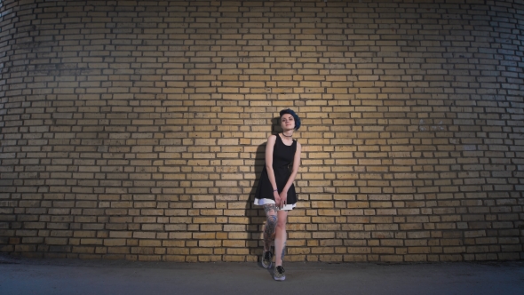 Beautiful Girl in a Black Dress on Brick Wall Background