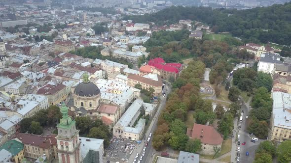 Ukrainian Old City of Lviv in Late Autumn, Drone Shooting From Above. Famous Historical Attractions