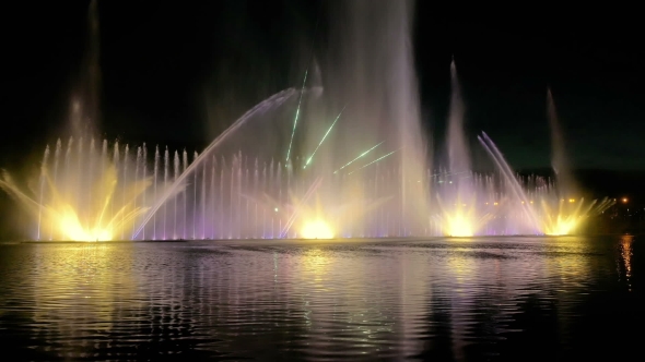 Colorful Bright Fountain With Beautiful Reflection