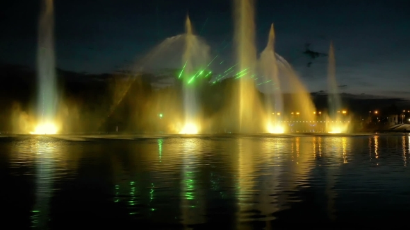 Colorful Bright Fountain With Beautiful Reflection