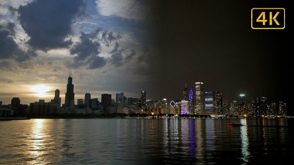 Chicago Skyline Reflected on the Lake at Sunset 4K