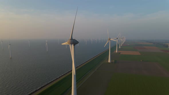 Windmills for Electric Power Production Netherlands Flevoland Wind Turbines Farm in Sea Windmill