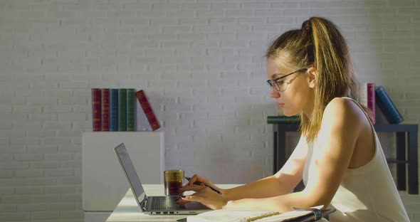 Caucasian Woman in Glasses Working in Front of a Laptop Monitor