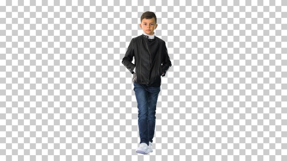 Young boy in a leather jacket walking, Alpha Channel