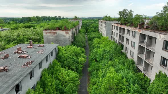 Aerial view of an abandoned housing estate in the village of Sarmellek in Hungary