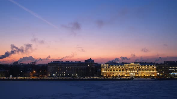 view of the city of St. Petersburg at sunset in winter