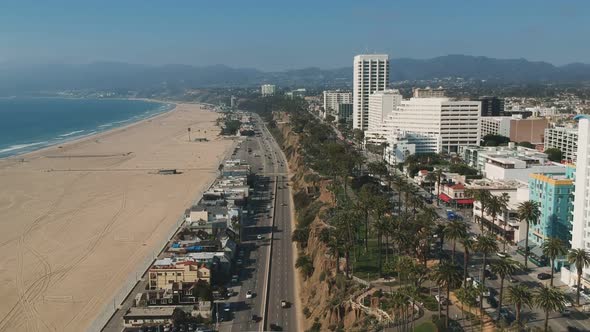 Afternoon sightseeing drone view with progressive movement near the Santa Monica Beach, California.