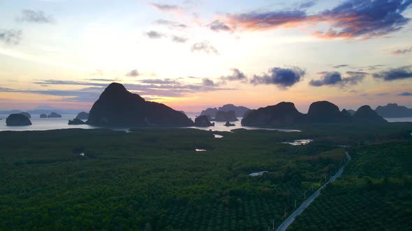 Aerial view scene of Samet Nangshe Bay, Phang Nga province, Landscape mountain and river or lake.