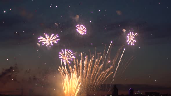 A Group of People Watching Fireworks Using Smartphones Near the River