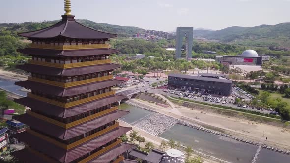 Aerial Footage of Pagoda in Traditional Korean Style in Gyeongju in South Korea