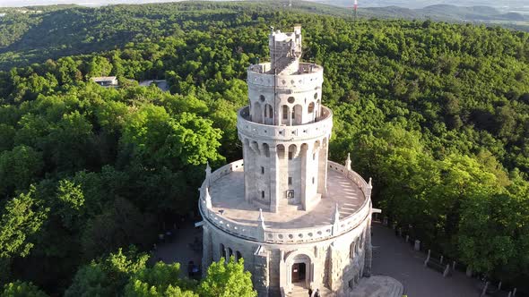 People walking on the stairs of this beautiful tower in Budapest, Hungary. (Elizabeth tower)