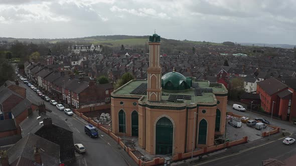 Aerial view of Gilani Noor Mosque in Longton, Stoke on Trent, Staffordshire, the new Mosque being bu