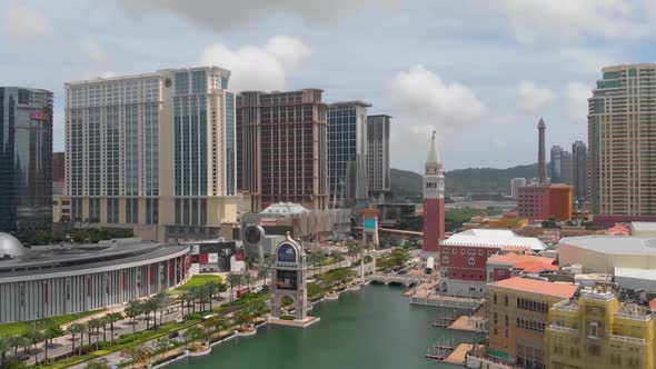 Left to right rotating aerial revealing Cotai Strip in Macau