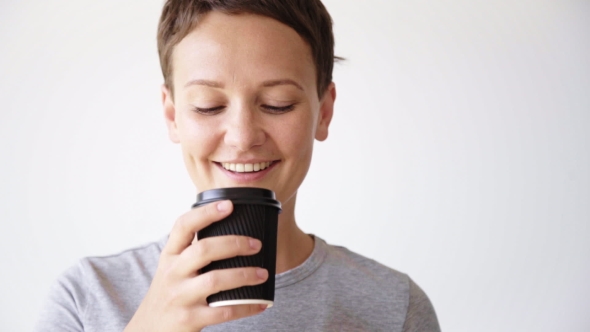 Handsome Woman With Take Away Cup  Action Commercial Footage