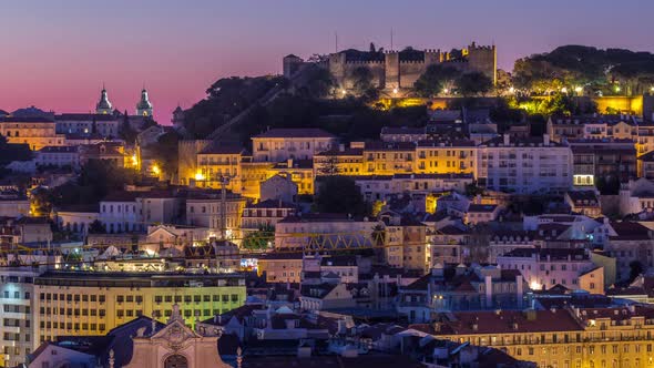 Lisbon Aerial Cityscape Skyline Night to Day Timelapse From Viewpoint of St