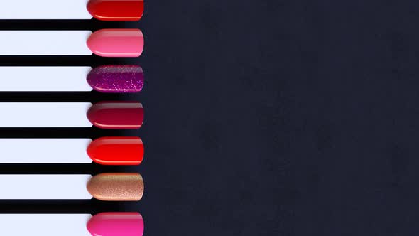 Seamless looping animation of nail polish samples in different bright colors.