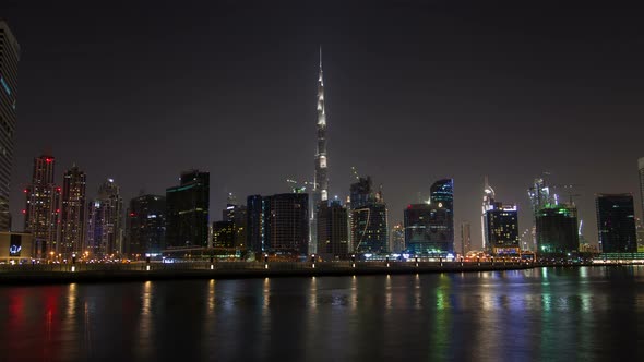 Dubai Downtown Skyline Night . Pan Up