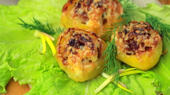 Boats Potato Stuffed With Beef Meat And Hard Parmesan