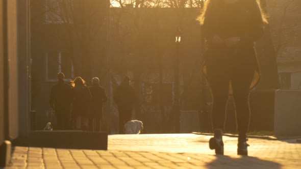 Silhouettes of a People in Sun Rays Walking City