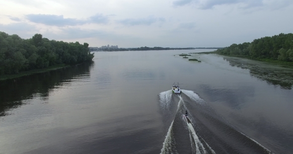 Boat Floats On The River Aerial View