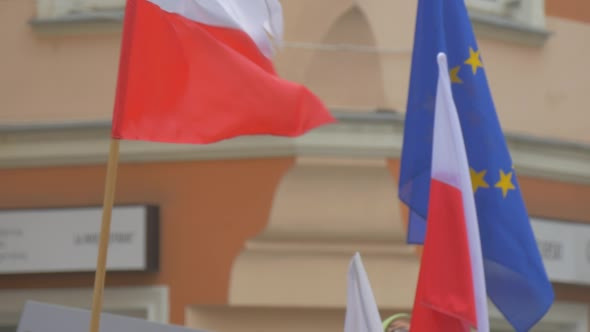Activists Are Waving Polish Flag Blue EU Flag
