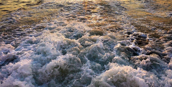 Sea Waves Bubbles and Sunset Behind Ferryboat 1