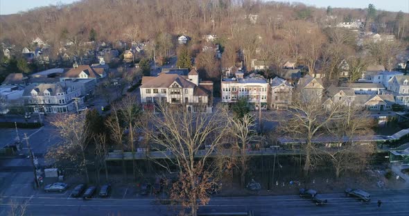 Aerial Panning Shot of Katonah New York and Metro North Train Station