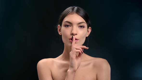 Fashionable Secrecy Woman Body Skin Gesturing Shut Up Shhh Whispering Posing Isolated Black Studio