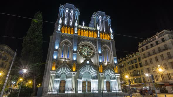 Basilique Notre-Dame De l Assomption at Night Located on Avenue Jean Medecin Timelapse Hyperlapse in