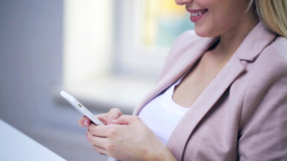 Smiling Woman Or Student Texting On Smartphone 91