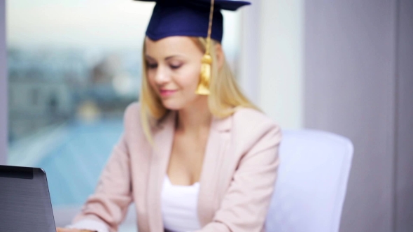 Student In Bachelor Cap With Laptop And Diploma 103