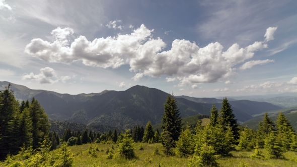 Carpathian Mountains Summer Landscape With Blue Sky And Clouds