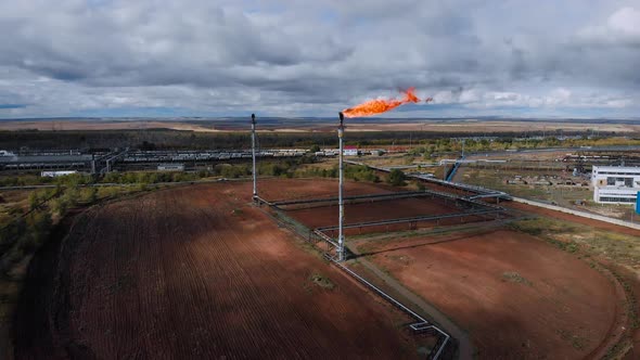 Aerial View of Chemical Plant. Gas Processing. The Industry Burns Excess Natural Gas