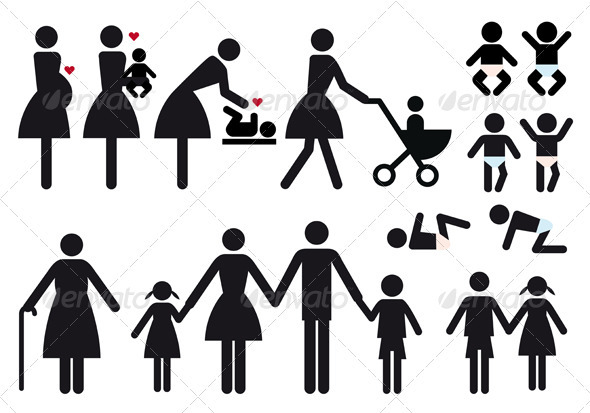 Mother And Children, Vector Icon Set