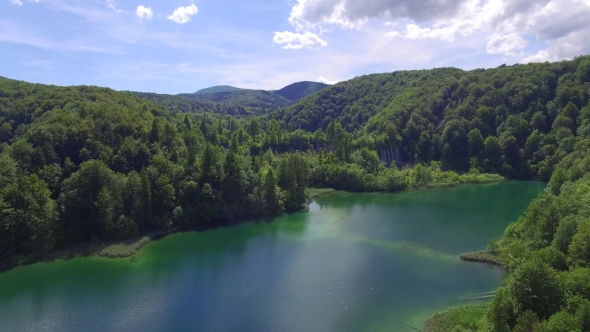 Aerial View Of Waterfalls And Lakes In Plitvice National Park.