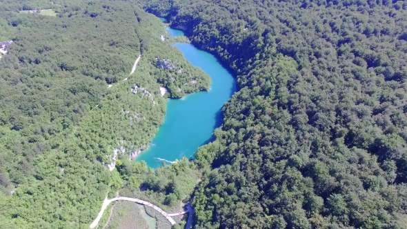Aerial View Of Waterfalls And Lakes In Plitvice National Park.