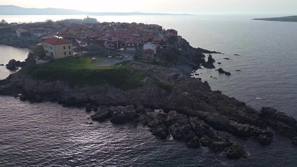 View From a Height of the City of Sozopol with Houses and Boats Near the Black Sea