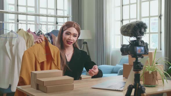Asian Transgender Woman Selling Clothes Online By Live Streaming. Selling It Online Live Streaming