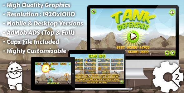 Tank Defender - gra HTML5, wersja mobilna + AdMob !!! (Construct 3 | Construct 2 | Capx)