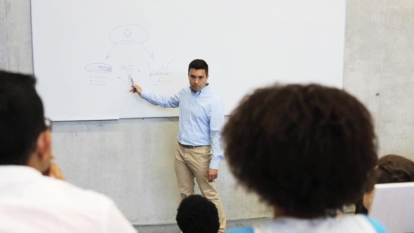 Teacher At White Board And Students On Lecture
