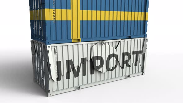 Container with IMPORT Text Being Crashed with Container with Flag of Sweden alt