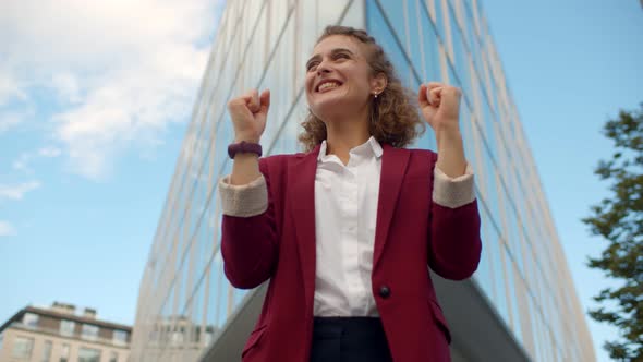 Excited Smiling Businesswoman Celebrating Business Success Outdoor Office