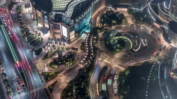 Dubai Downtown Street with Busy Traffic and Skyscrapers Around Timelapse