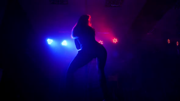 Flexible Woman Dances a Sensual Dance on a Pylon in the Dark