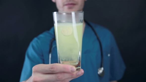 Doctor Drop Pill, Vitamin Tablet Into Glass Of Water. Therapy, Cure Concept.