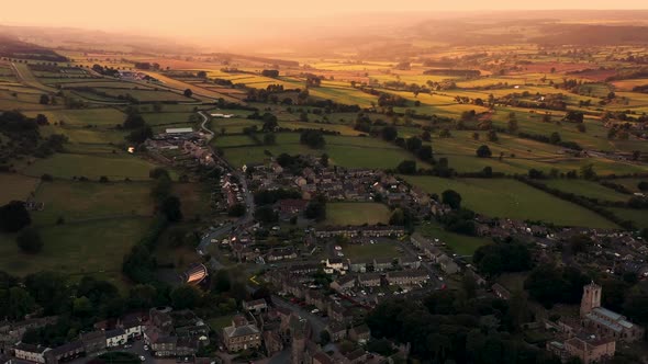 Aerial footage at sunset in the beautiful village of Middleham, Leyburn in North Yorkshire in the UK