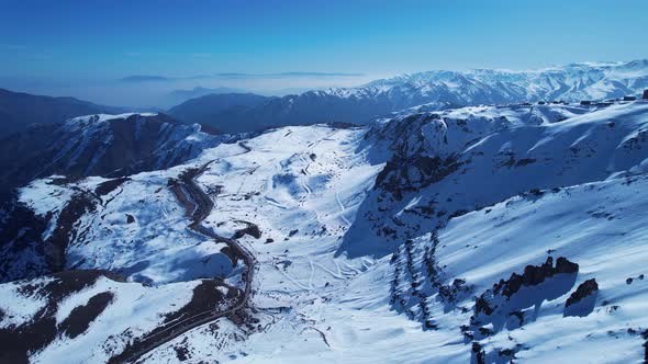 Panoramic view of Ski station centre resort at snowy Andes Mountains.