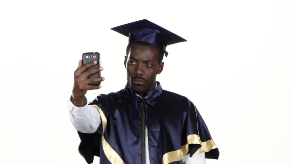 Graduate Makes Selfie Photo. White. 