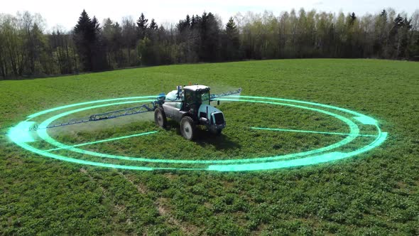 Electric autonomous tractor spraying mineral, nitrogen fertilizer or pesticides